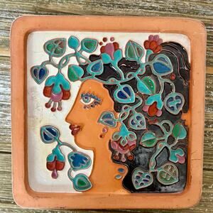 Vintage Majolica Artwork Plaque Woman Eclectic Boho Made in Portugal